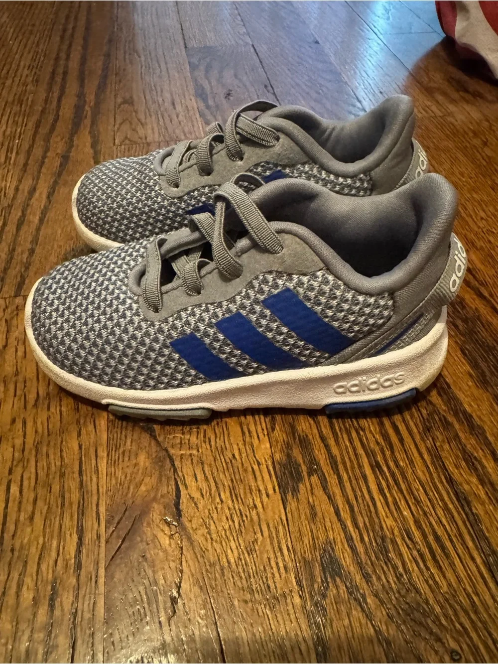 adidas Kids Gray Knit Sneakers with Blue Stripes